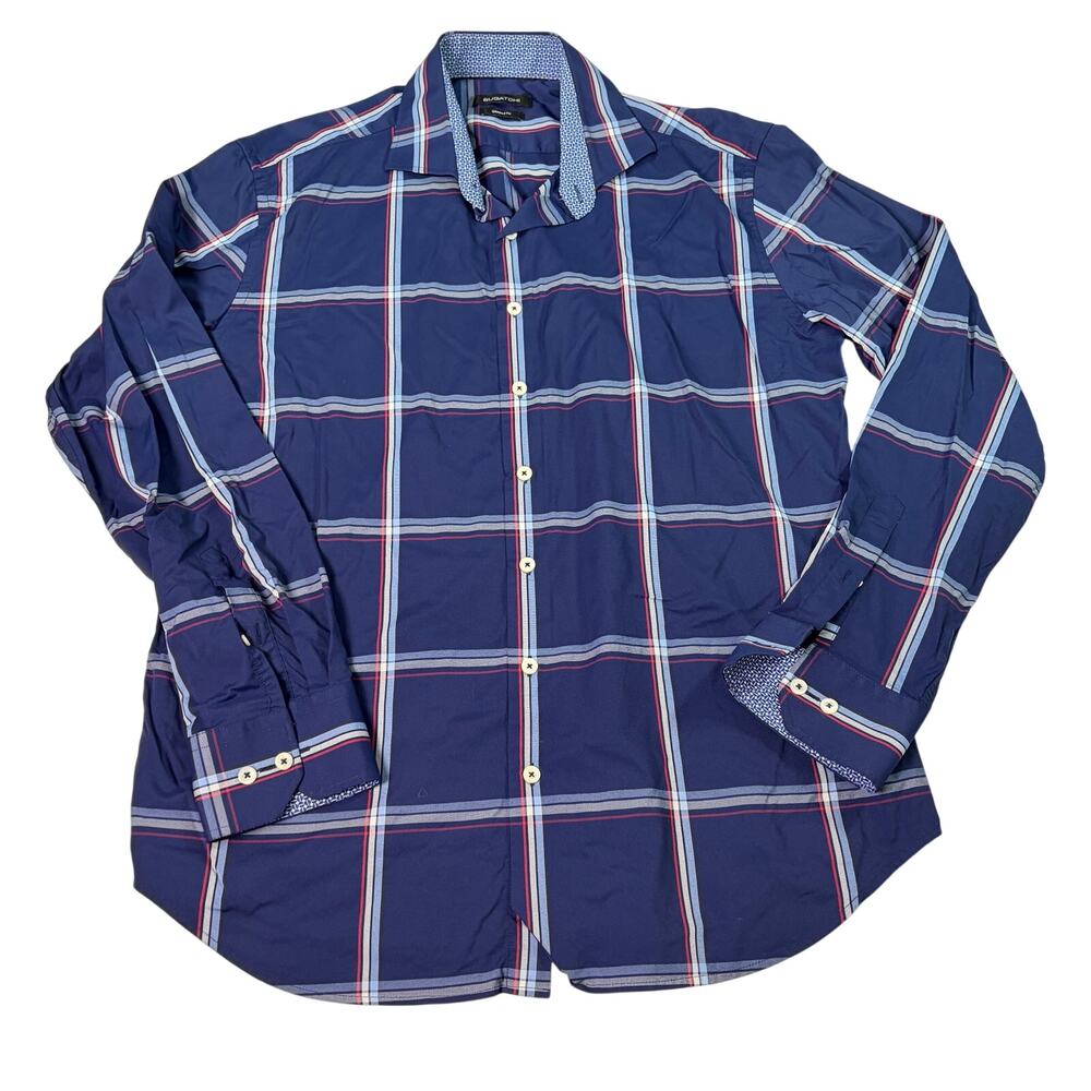Bugatchi mens shaped fit blue plaid long sleeve button up Size XL. career office